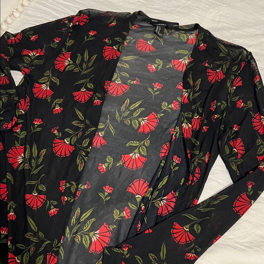 Forever 21 Black Cardigan with Red and Green Floral Design